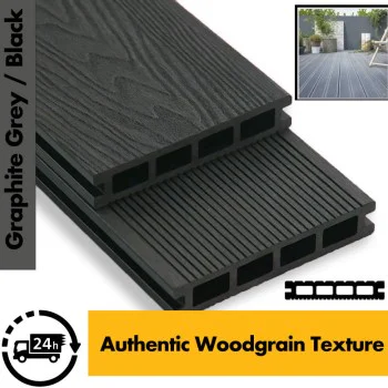 Composite Decking Board  Premium (Authentic Woodgrain Texture) - Anthracite Grey / Black  Wood Grain Effect 3m - Plastic Decking PVC Decking WPC Decking Hollow Garden Exterior Decking Boards