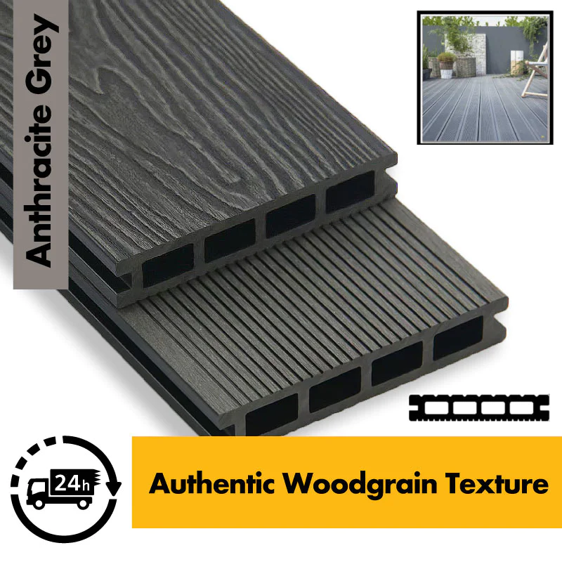 Composite Decking Board  Premium (Authentic Woodgrain Texture) - Anthracite Grey / Black  Wood Grain Effect 3m - Plastic Decking PVC Decking WPC Decking Hollow Garden Exterior Decking Boards