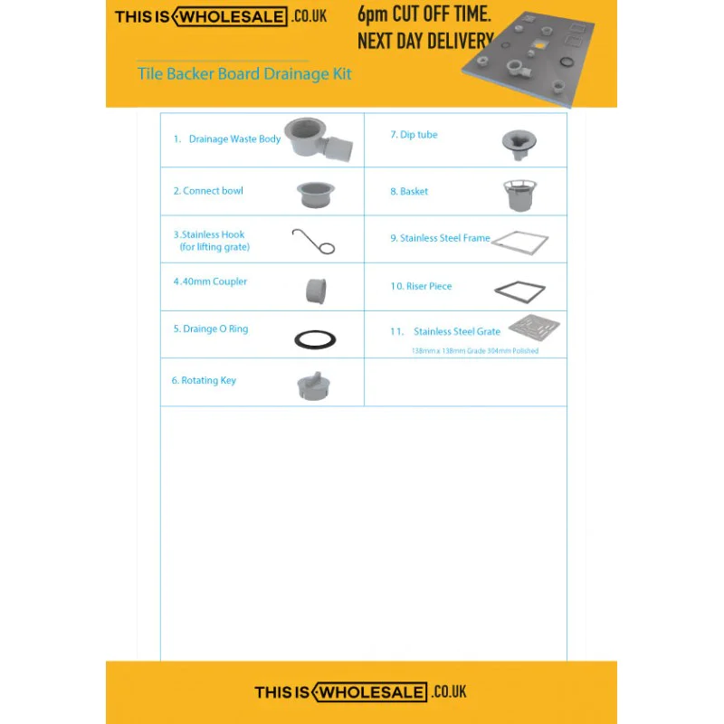 TILE BACKER BOARD SHOWER WET ROOM TRAY Waste Drainage Kit c/w Stainless Steel Polish Grate