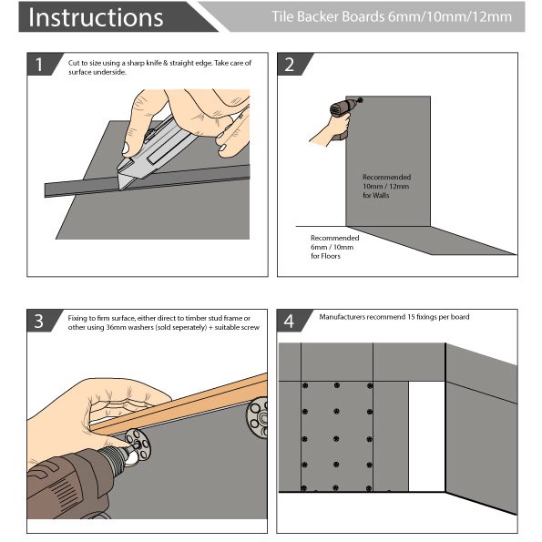 Tile Backer Boards 6mm / 10mm / 12mm - Floor or Wall Hard Tile Backer Insulation Cement Board 1200mm x 600mm 