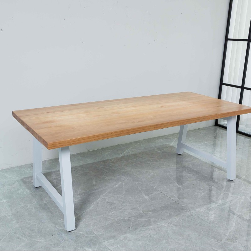 Rustic Solid Wood Industrial Dining Table / Desk / Meeting Table - Chunky Timber / White Steel Legs (A-Frame Legs) - 1.5m (150cm) / 1.8m (180cm) / 2m(200cm) c/w White A-FrameLegs x 2 4-8 Persons - SQUARE EDGE