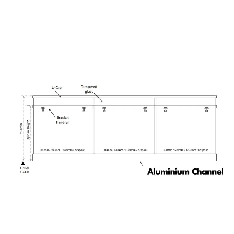 Frameless Glass Balustrade - Aluminium Channel / Extrusion -3m Length for Toughened Glass 0.36kN / 0.74kN / 1.5kN 3m Lengths - 1100mm High (Tested to BS6180:2011) Price per M / Sold in 3m Lengths