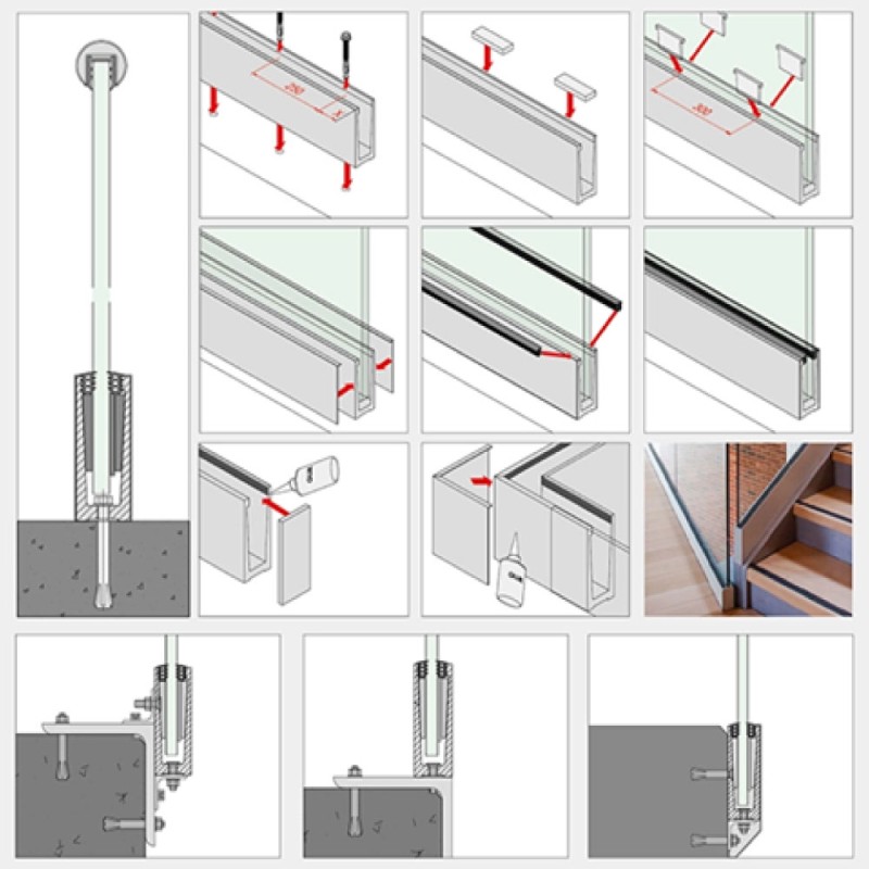 Frameless Glass Balustrade - Aluminium Channel / Extrusion - Sold Per M for Toughened Glass 0.36kN / 0.74kN / 1.5kN 3m Lengths - 1100mm High (Tested to BS6180:2011) Price per M / Sold in 3m Lengths