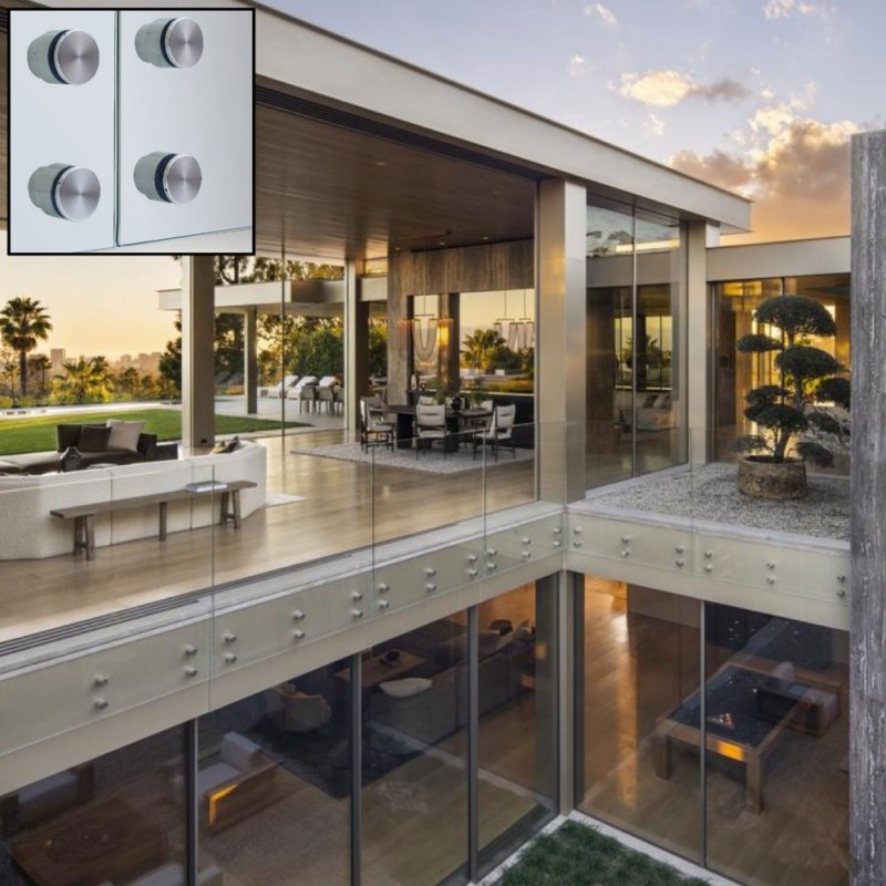 Glass Standoff Balustrade - Side Fix / Face Fix Handrail (Adaptor Face Fix Fixings) 12mm Toughened Glass - Set of 4 c/w Stainless Steel Fixings 38mm 0.74kN / 1.5kN / 3.0kN