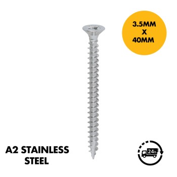 3.5 x 40mm  A2 Stainless Steel Screws - Single Thread (Pack of 50)  Wood Screws Pozi Countersunk Chipboard Screw (PZ2)