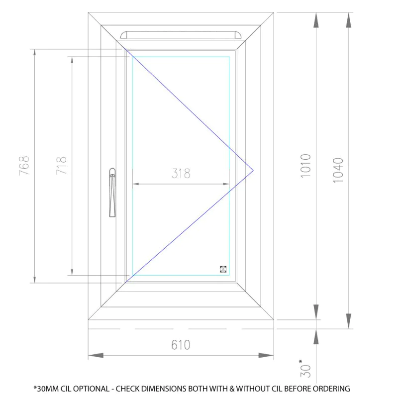 UPVC Window Anthracite Grey - Single 610mm w x 1040mm h (RAL7016)  Left or Right Opening 1P