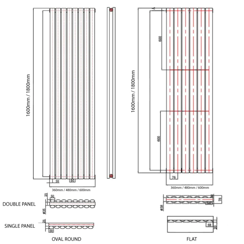Vertical Radiator - Oval Anthracite Grey RAL7016 - Tall Tower Traditional Column Wall Mount Radiator - Single & Double Panel