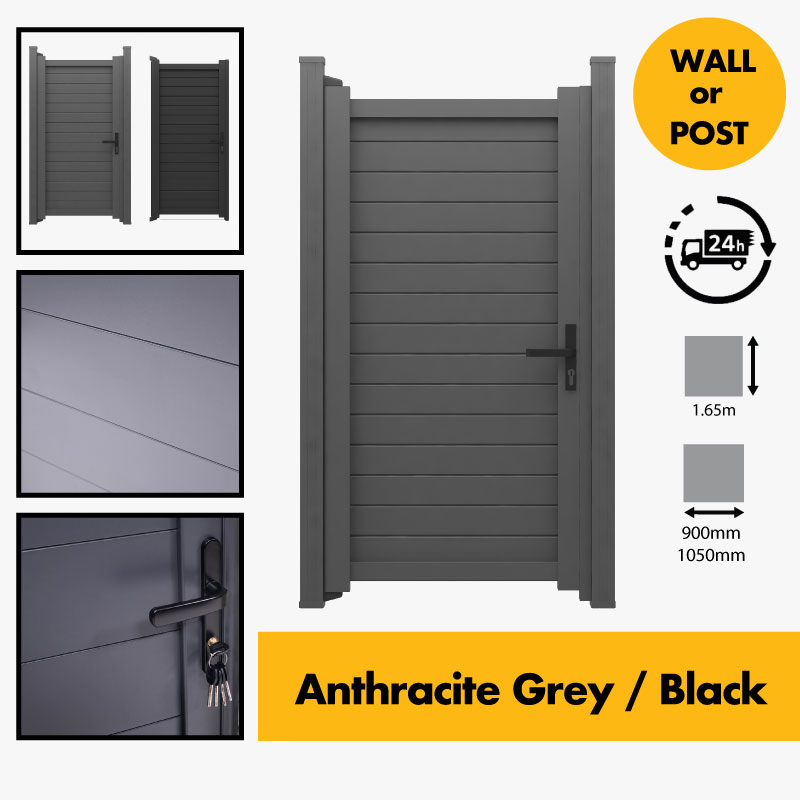 Aluminium Gate for Garden 1800mm/180cm/1.8m Posts  Anthracite Grey RAL7016 / Black RAL9005 – Aluminium Pedestrian Garden Side Gate  (1650mm h x 950/1150mm w) c/w Lock, handle + 3 Keys