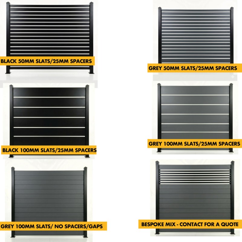 Aluminium Slatted Fencing Panels Black/Anthracite Grey Fence – 3ft, 4ft, 5ft, 6ft (900mm, 1200mm, 1500mm, 1800mm) Modern Garden Fencing UK c/w 50mm/100mm Fencing Slats (25mm Spacers/Gaps)