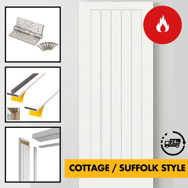 FD30 Fire Rated Internal Door Set – 30 Minute Fire Doors – White Primed Timber Doors – Blank, Cottage (Suffolk) / Traditional Panelled / Vancouver 4-Panel - 762mm/840mm x 1980mm x 44mm - c/w Optional MDF Door Frame Liner + Intumescent Strips FD30 Fire Rated Internal Door Set – 30 Minute Fire Doors – White Primed Timber Doors – Blank, Cottage (Suffolk) / Traditional Panelled / Vancouver 4-Panel - 762mm/840mm x 1980mm x 44mm - c/w Optional MDF Door Frame Liner + Intumescent Strips