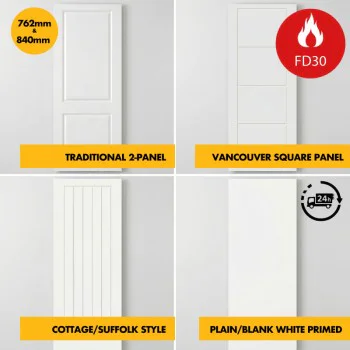 FD30 Fire Rated Internal Door Set – 30 Minute Fire Doors – White Primed Timber Doors – Blank, Cottage (Suffolk) / Traditional Panelled / Vancouver 4-Panel - 762mm/840mm x 1980mm x 44mm - c/w Optional MDF Door Frame Liner + Intumescent Strips