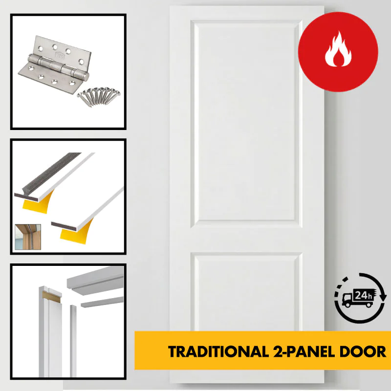 FD30 Fire Rated Internal Door Set – 30 Minute Fire Doors – White Primed Timber Doors – Blank, Cottage (Suffolk) / Traditional Panelled / Vancouver 4-Panel - 762mm/840mm x 1980mm x 44mm - c/w Optional MDF Door Frame Liner + Intumescent Strips FD30 Fire Rated Internal Door Set – 30 Minute Fire Doors – White Primed Timber Doors – Blank, Cottage (Suffolk) / Traditional Panelled / Vancouver 4-Panel - 762mm/840mm x 1980mm x 44mm - c/w Optional MDF Door Frame Liner + Intumescent Strips