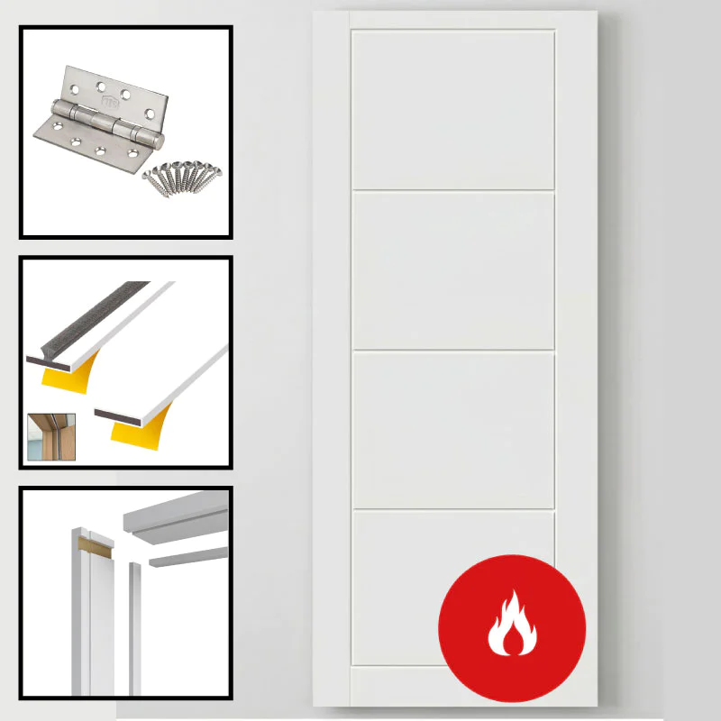 Vancouver 4-Panel Ladder FD30 Fire Rated Internal Door Set – 30 Minute Fire Doors – White Primed Timber Doors – 762mm/840mm x 1980mm x 44mm - c/w Optional MDF Door Frame Liner + Intumescent Strips Vancouver 4-Panel Ladder FD30 Fire Rated Internal Door Set – 30 Minute Fire Doors – White Primed Timber Doors – 762mm/840mm x 1980mm x 44mm - c/w Optional MDF Door Frame Liner + Intumescent Strips