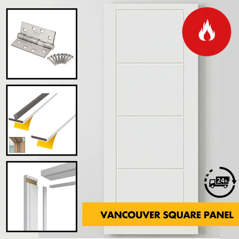 FD30 Fire Rated Internal Door Set – 30 Minute Fire Doors – White Primed Timber Doors – Blank, Cottage (Suffolk) / Traditional Panelled / Vancouver 4-Panel - 762mm/840mm x 1980mm x 44mm - c/w Optional MDF Door Frame Liner + Intumescent Strips FD30 Fire Rated Internal Door Set – 30 Minute Fire Doors – White Primed Timber Doors – Blank, Cottage (Suffolk) / Traditional Panelled / Vancouver 4-Panel - 762mm/840mm x 1980mm x 44mm - c/w Optional MDF Door Frame Liner + Intumescent Strips