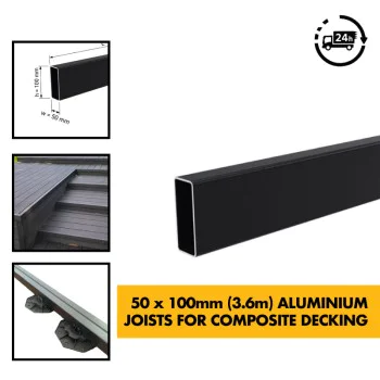 50mm x 100mm Aluminium Joists for Composite Decking - 3.6m Length Composite Decking Sub Base Joist Support Frame - Black