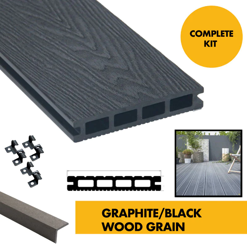 Composite Decking Board - Dark Graphite Grey / Black Lined Grooved - 3m WPC Plastic Decking PVC Decking Decking Hollow Garden Exterior Decking Boards