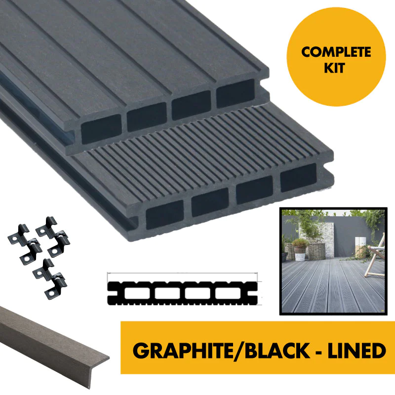 Composite Decking Board - Dark Graphite Grey / Black Lined Grooved - 3m WPC Plastic Decking PVC Decking Decking Hollow Garden Exterior Decking Boards