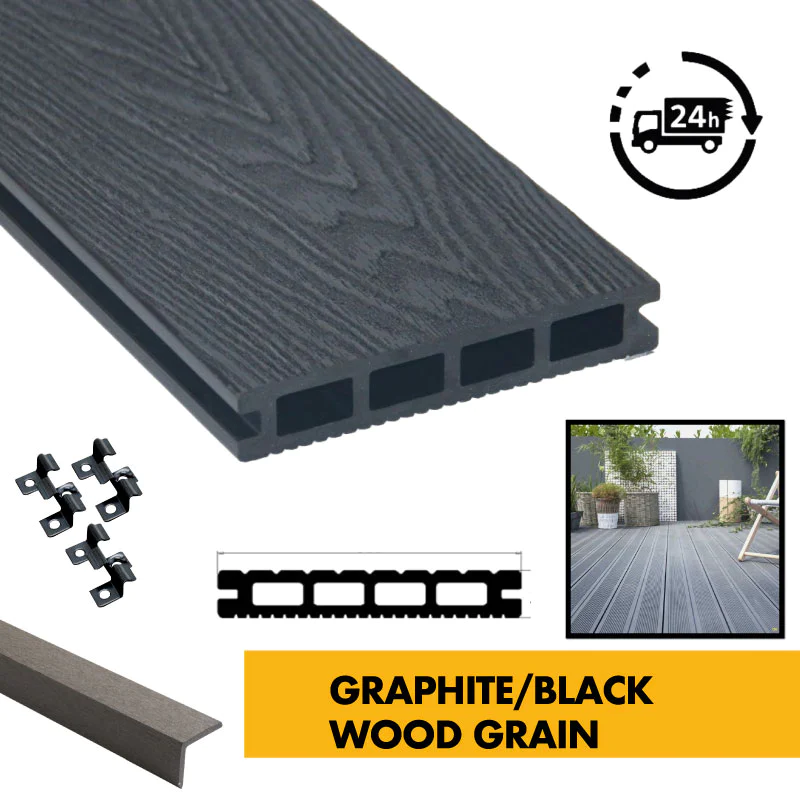 Composite Decking Board - Dark Graphite Grey/Black Wood Grain Pattern / Effect - 3m WPC Plastic Decking PVC Decking Decking Hollow Garden Exterior Decking Boards