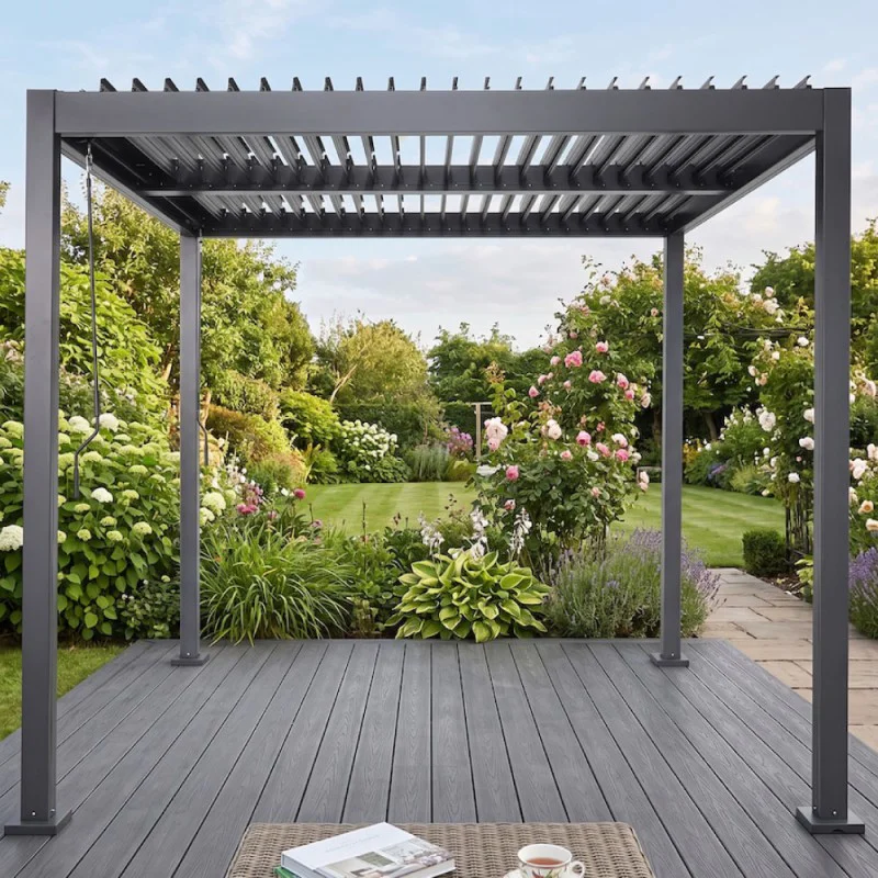 Aluminium Pergola 3m x 3m - Anthracite Grey RAL 7016 with Adjustable Louvred Roof - Aluminium Patio Garden Screen Canopy (2.5m High) Aluminium Pergola 3m x 3m - Anthracite Grey RAL 7016 with Adjustable Louvred Roof - Aluminium Patio Garden Screen Canopy (2.5m High)