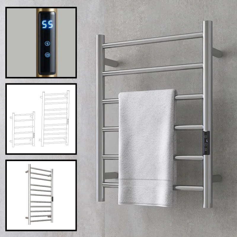 Electric Towel Rail Warmer Bathroom Radiator with Thermostat & Timer - Wall Mounted c/w Touchscreen Control Panel + Timer Chrome / Matt Black 80W - 200W Electric Towel Rail Warmer Bathroom Radiator with Thermostat & Timer - Wall Mounted c/w Touchscreen Control Panel + Timer Chrome / Matt Black 80W - 200W