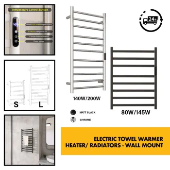 Electric Towel Rail Warmer Bathroom Radiator with Thermostat & Timer - Wall Mounted c/w Touchscreen Control Panel + Timer Chrome / Matt Black 80W - 200W