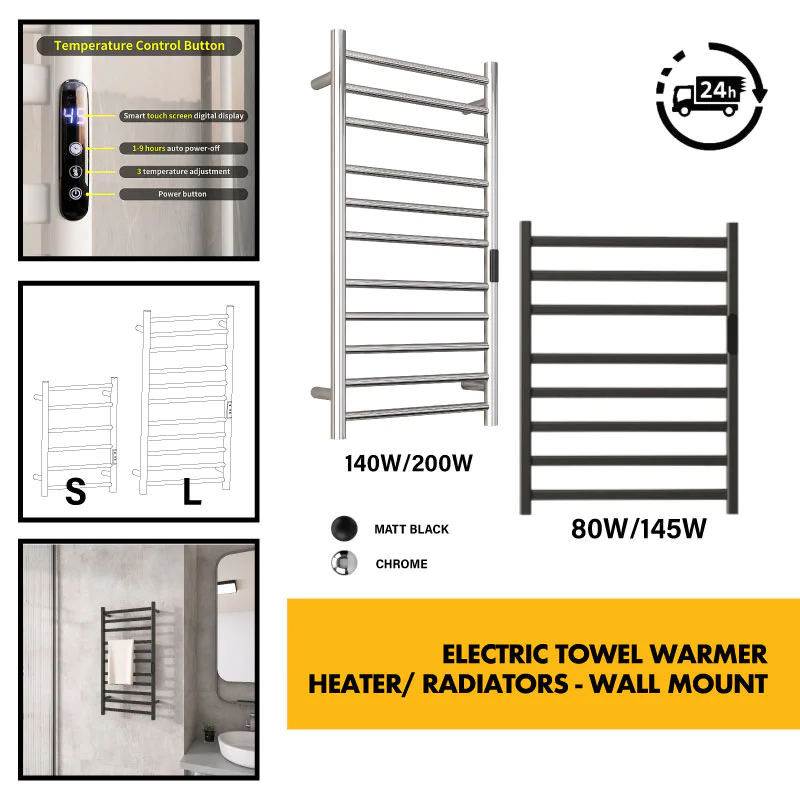 Electric Towel Rail Warmer Bathroom Radiator with Thermostat & Timer - Wall Mounted c/w Touchscreen Control Panel + Timer Chrome / Matt Black 80W - 200W Electric Towel Rail Warmer Bathroom Radiator with Thermostat & Timer - Wall Mounted c/w Touchscreen Control Panel + Timer Chrome / Matt Black 80W - 200W