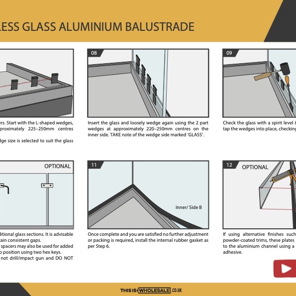 Frameless Glass Balustrade - Aluminium Channel / Extrusion - Priced per M for Toughened Glass 0.36kN / 0.74kN / 1.5kN 3m Lengths - 1100mm High (Tested to BS6180:2011) Price per M / Sold in 3m Lengths