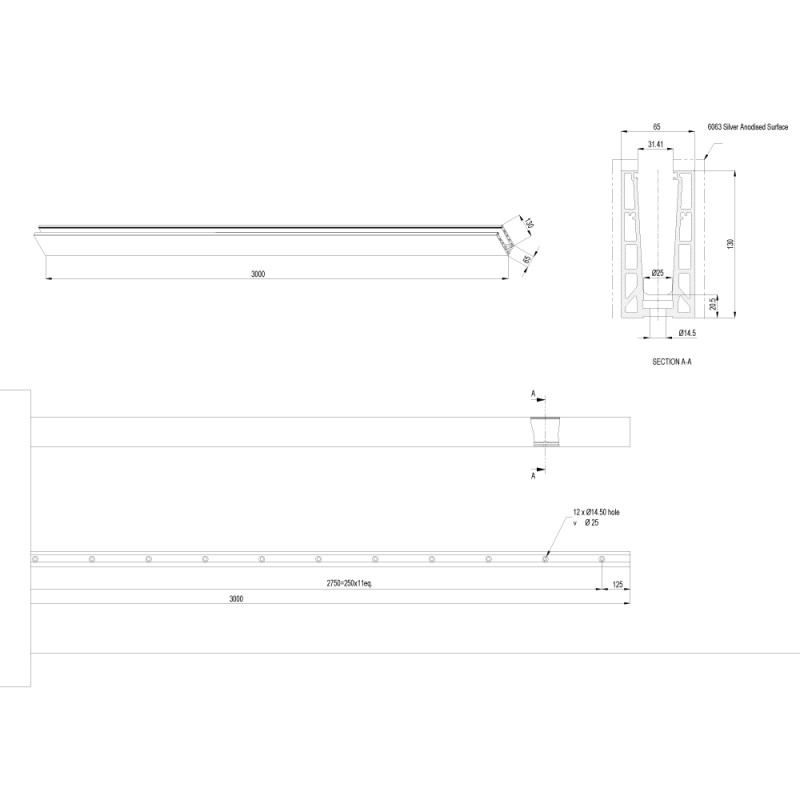 Frameless Glass Balustrade - Aluminium Channel / Extrusion - Sold Per M for Toughened Glass 0.36kN / 0.74kN / 1.5kN 3m Lengths - 1100mm High (Tested to BS6180:2011) Price per M / Sold in 3m Lengths