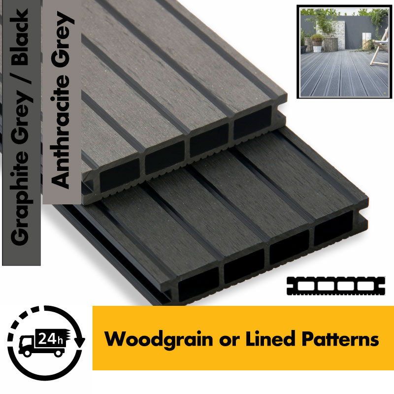 SAMPLE Composite Decking - Premium Grey / Black / Ash / Brown / Anthracite Grey Wood Grain Effect 3m - Plastic Decking PVC Decking WPC Decking Hollow Garden Exterior Decking Boards SAMPLE Composite Decking - Premium Grey / Black / Ash / Brown / Anthracite Grey Wood Grain Effect 3m - Plastic Decking PVC Decking WPC Decking Hollow Garden Exterior Decking Boards