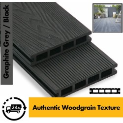 Composite Decking Board  Premium (Authentic Woodgrain Texture) - Anthracite Grey / Black  Wood Grain Effect 3m - Plastic Decking PVC Decking WPC Decking Hollow Garden Exterior Decking Boards 