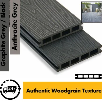 Composite Decking Board  Premium (Authentic Woodgrain Texture) - Anthracite Grey / Black  Wood Grain Effect 3m - Plastic Decking PVC Decking WPC Decking Hollow Garden Exterior Decking Boards