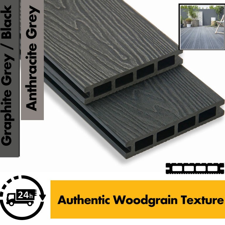 Composite Decking Board  Premium (Authentic Woodgrain Texture) - Anthracite Grey / Black  Wood Grain Effect 3m - Plastic Decking PVC Decking WPC Decking Hollow Garden Exterior Decking Boards 
