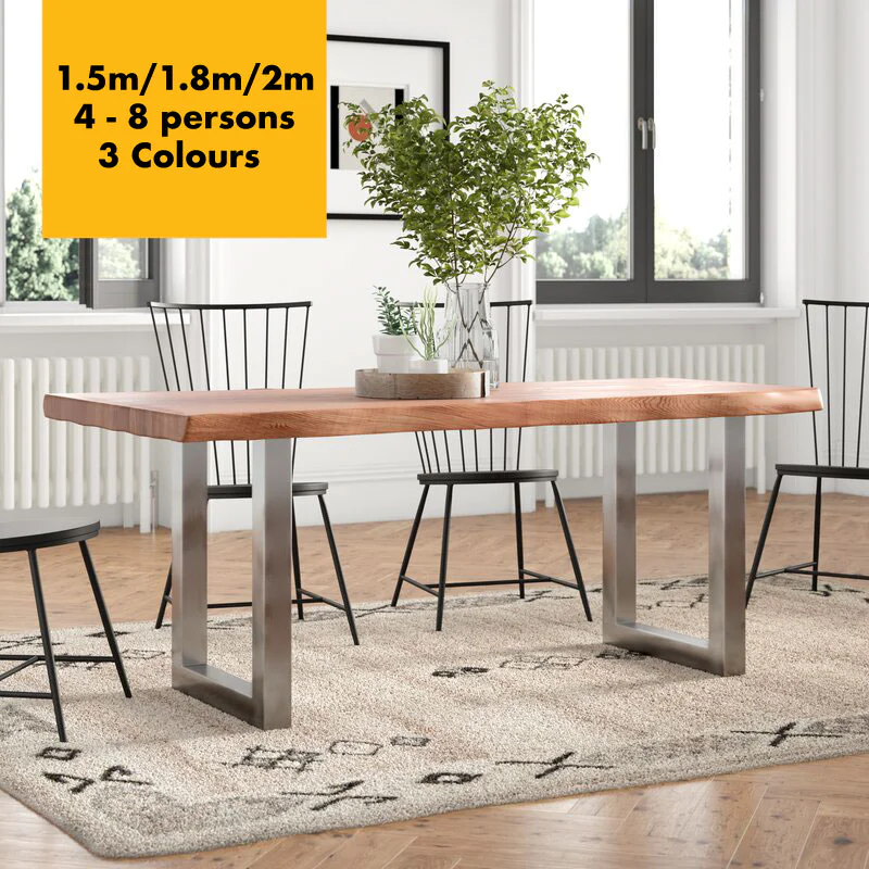 Rustic Industrial Solid Wood Dining Table / Desk / Work Table - Chunky Timber / Steel Legs (Square Box Legs) - 1.5m (150cm) / 1.8m (180cm) / 2m(200cm) c/w silver Square Box Legs x 2 4-8 Persons