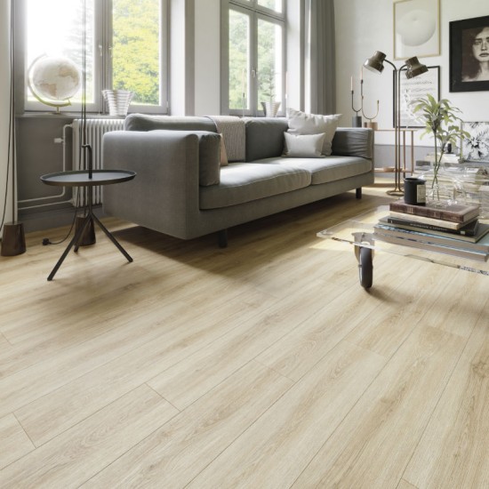 SPC Click Vinyl Tile Flooring (Light Oak) with Built in Underlay per Sq M- Click Vinyl Tile Floors for Kitchen, Bathroom,  Living Room - LVT Rigid Core Stone Polymer Composite Waterproof Click Tonge & Groove Luxury Vinyl Tile Flooring Light Oak