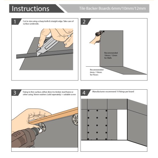 Tile Backer Boards 6mm / 10mm / 12mm - Floor or Wall Hard Tile Backer Insulation Cement Board 1200mm x 600mm 