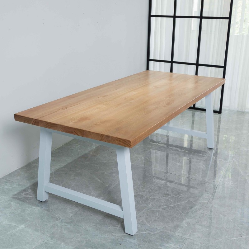Rustic Solid Wood Industrial Dining Table / Desk / Meeting Table - Chunky Timber / White Steel Legs (A-Frame Legs) - 1.5m (150cm) / 1.8m (180cm) / 2m(200cm) c/w White A-FrameLegs x 2 4-8 Persons - SQUARE EDGE