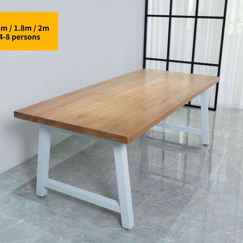 Rustic Solid Wood Industrial Dining Table / Desk / Meeting Table - Chunky Timber / White Steel Legs (A-Frame Legs) - 1.5m (150cm) / 1.8m (180cm) / 2m(200cm) c/w White A-FrameLegs x 2 4-8 Persons - SQUARE EDGE