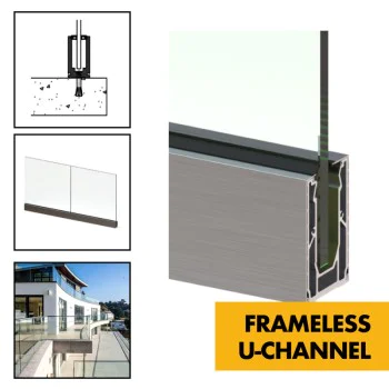 Frameless Glass Balustrade - Aluminium Channel / Extrusion -3m Length for Toughened Glass 0.36kN / 0.74kN / 1.5kN 3m Lengths - 1100mm High (Tested to BS6180:2011) Price per M / Sold in 3m Lengths