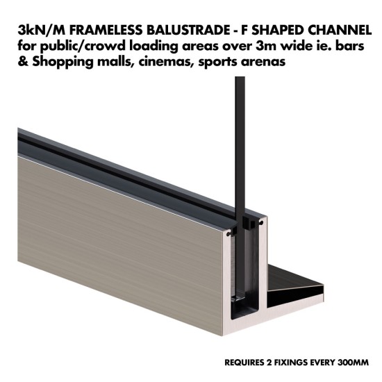 Frameless Glass Balustrade - Aluminium Channel / Extrusion - Sold Per M for Toughened Glass 0.36kN / 0.74kN / 1.5kN 3m Lengths - 1100mm High (Tested to BS6180:2011) Frameless Glass Balustrade - Aluminium Channel / Extrusion - Sold Per M for Toughened Glass 0.36kN / 0.74kN / 1.5kN 3m Lengths - 1100mm High (Tested to BS6180:2011)