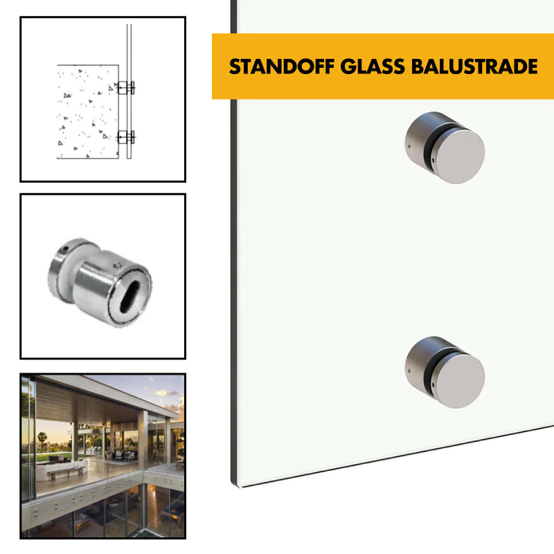 Glass Standoff Balustrade - Side Fix / Face Fix Handrail (Adaptor Face Fix Fixings) 12mm Toughened Glass - Set of 4 c/w Stainless Steel Fixings 38mm 0.74kN / 1.5kN / 3.0kN