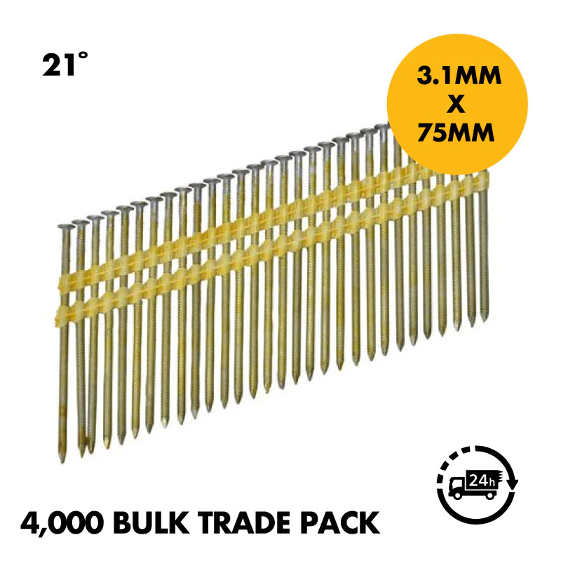 3.1 x 75mm Ring Nails 21˚ Degree Plastic Collated Pneumatic Framing Nails Nailer (4,000) Bulk Trade Pack 3.1 x 75mm Ring Nails 21˚ Degree Plastic Collated Pneumatic Framing Nails Nailer (4,000) Bulk Trade Pack