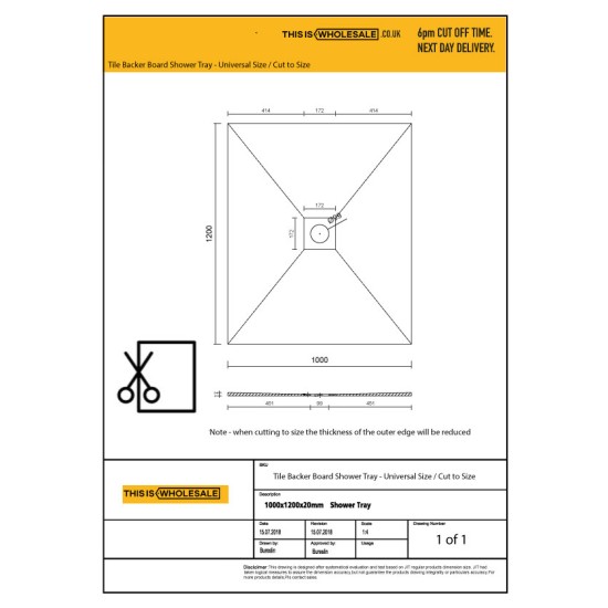 Wetroom Shower Tray - Tile on /Tile-able Shower Tray (Tile Backer Cement Board Shower Tray for Tiling Directly Tiled Walk In Showers) Universal Size / Cut To Size (1200m x 1000mm) Tile Board for Shower / Wet room Flooring - 20mm
