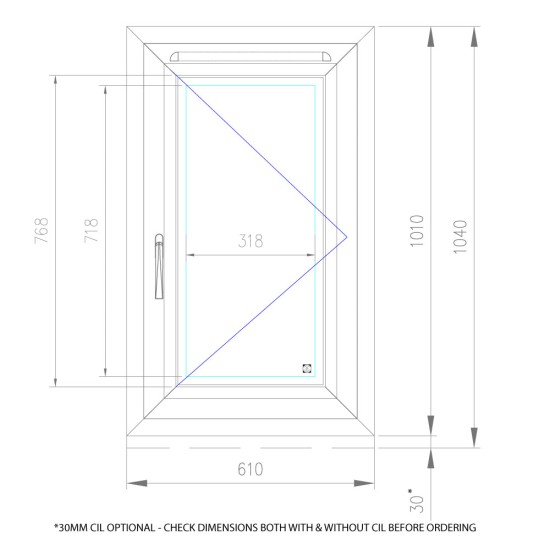 UPVC Window White - Single 610mm w x 1040mm h (RAL9010)  Left or Right Opening 1P