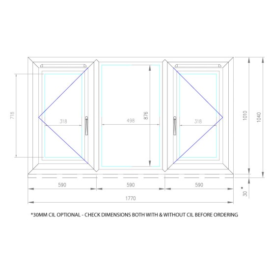 UPVC Window White- Triple 1770mm w x 1040mm h (RAL9010) Left or Right Opening 3P Casement Window