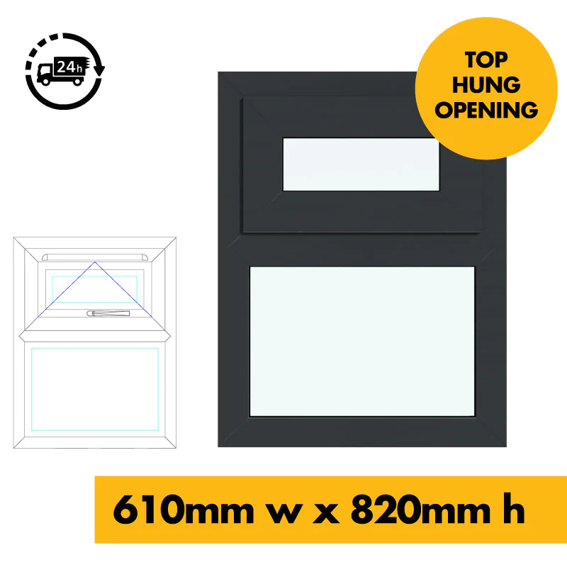 UPVC Window Anthracite Grey - Single 610mm w x 820mm h Top Hung Opening (RAL7016) 1P UPVC Window Anthracite Grey - Single 610mm w x 820mm h Top Hung Opening (RAL7016) 1P